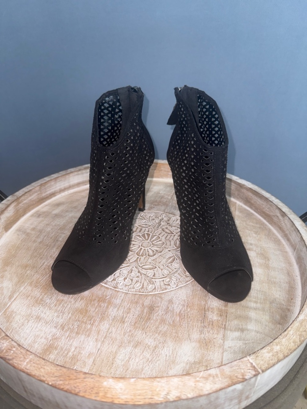 Metaphor Black Laser-Cut Peep-Toe Ankle Booties